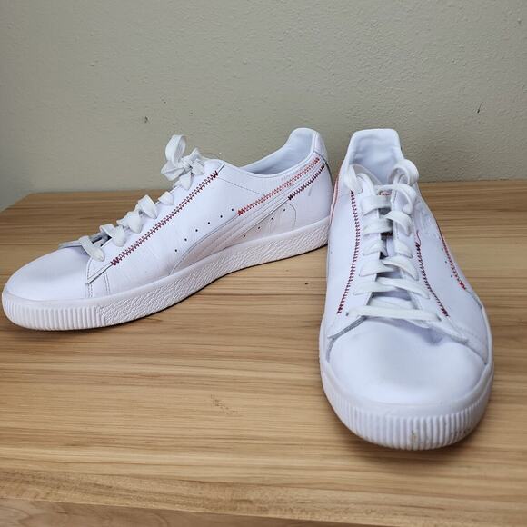 Puma Mens Clyde Zigzag 375888-01 White Leather Lace Up Sneaker Shoes Size 14 - Picture 3 of 8